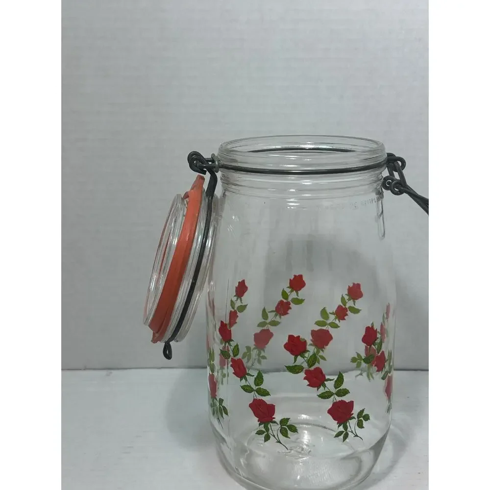 Vintage ARC Red Roses / Flowers Jar / Cannister Made in France 1.5 L